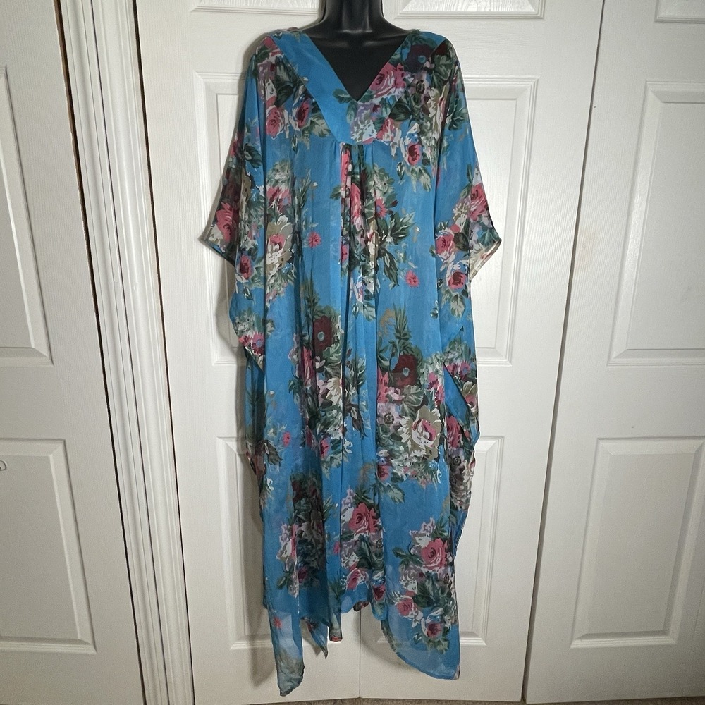 Vintage Expressions Sheer Coverup Women‎ Plus One Size Blue Floral Mumuu Resort